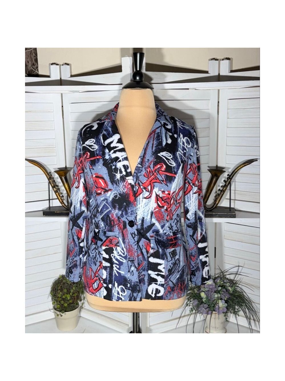 Vintage Wearever Y2K blazer avant garde street signs graffiti print blue red 1X